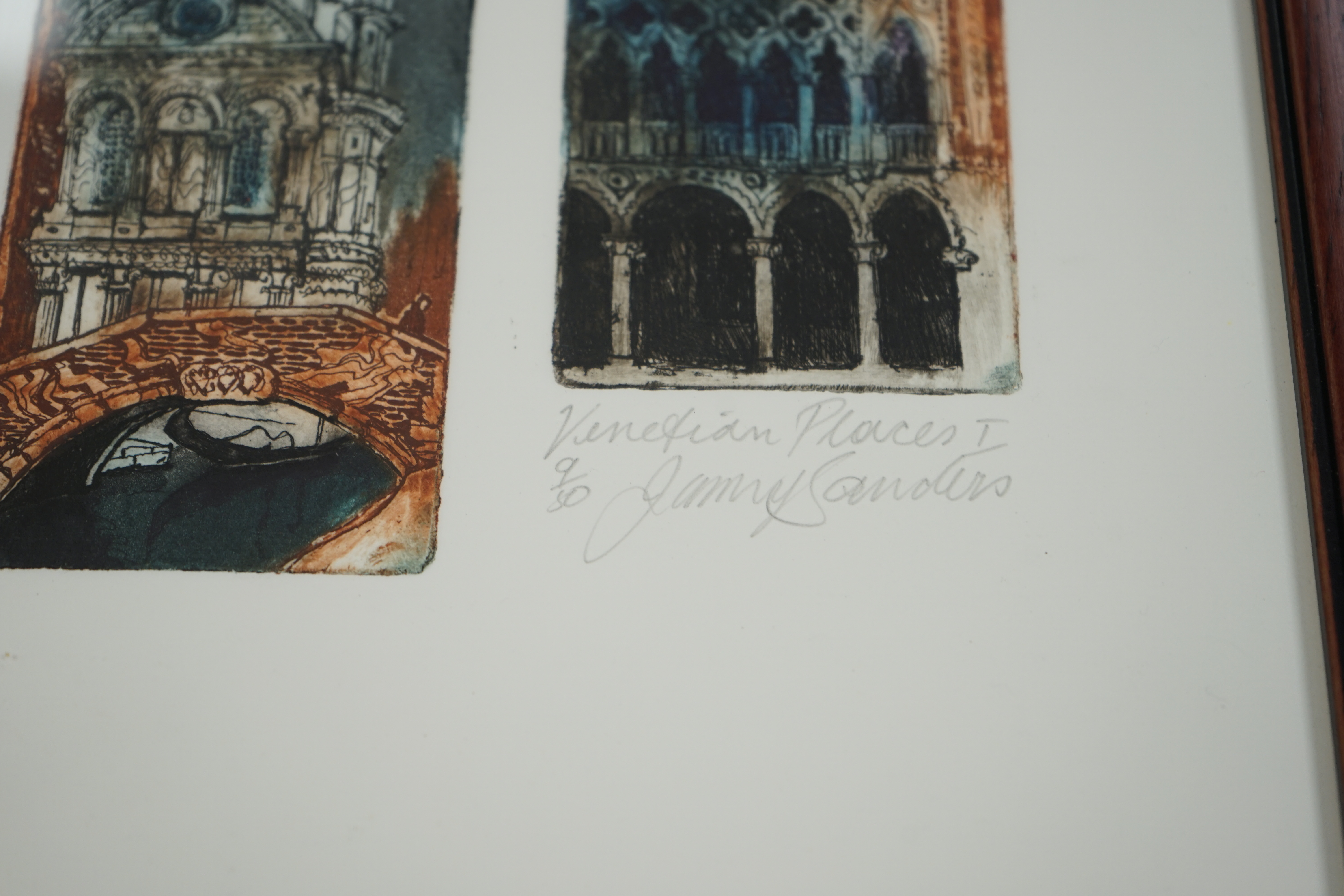 Jenny Sanders, four colour etchings, Venetian scenes including ‘Santa Maria Dei Miracoli’ and ‘View from the Bavolo’, three pencil signed and limited edition, largest 52 x 40cm. Condition - good